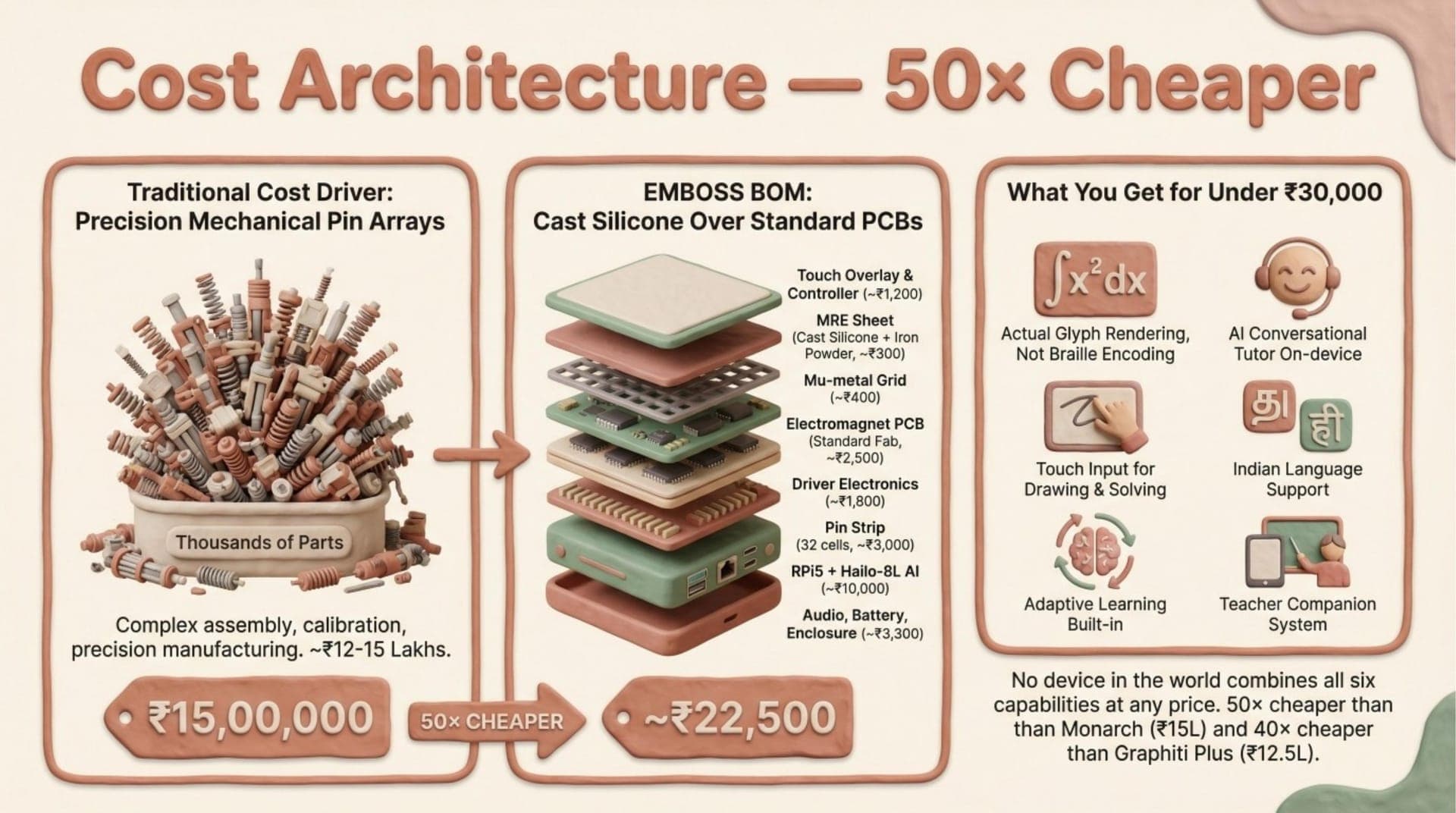 50× cheaper than imported alternatives — making school-level deployment possible across India.