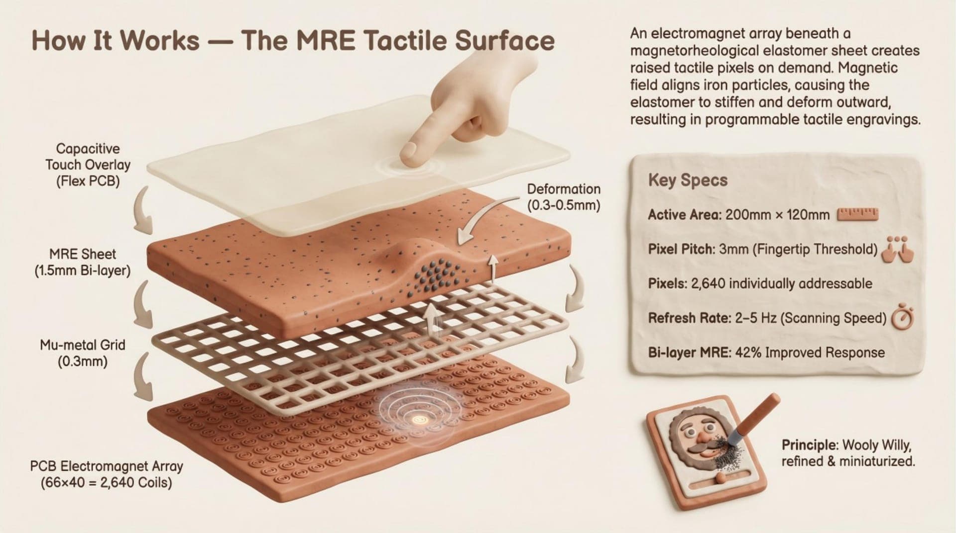 The MRE tactile surface: electromagnets beneath silicone create raised shapes on demand.