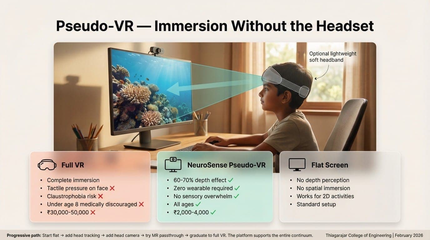 Pseudo-VR: 60–70% depth immersion with zero wearables, at a fraction of the cost.